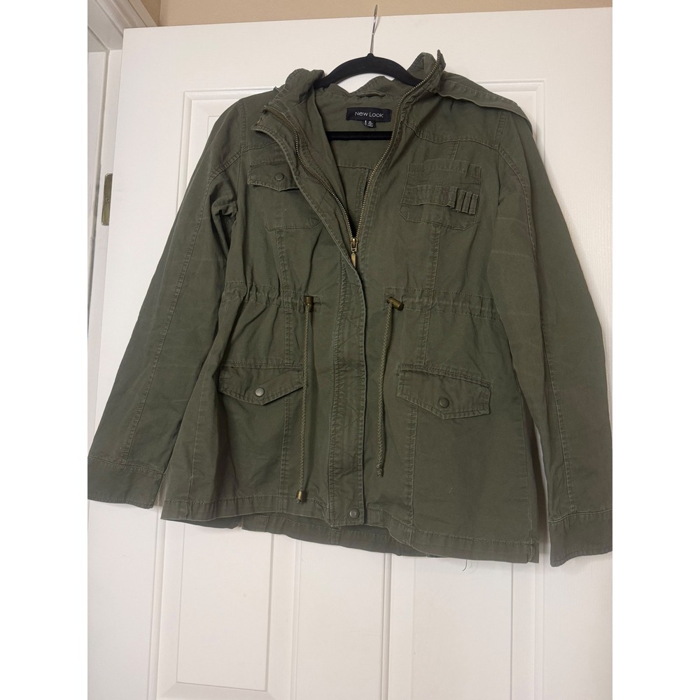 New Look Womens XL Olive Green Utility Field Jacket Hooded Drawstring Waist
